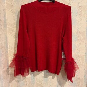 Vince Camuto Red Ribbed Knit Mock Neck Tulle Ruffle Sleeve Sweater 1X